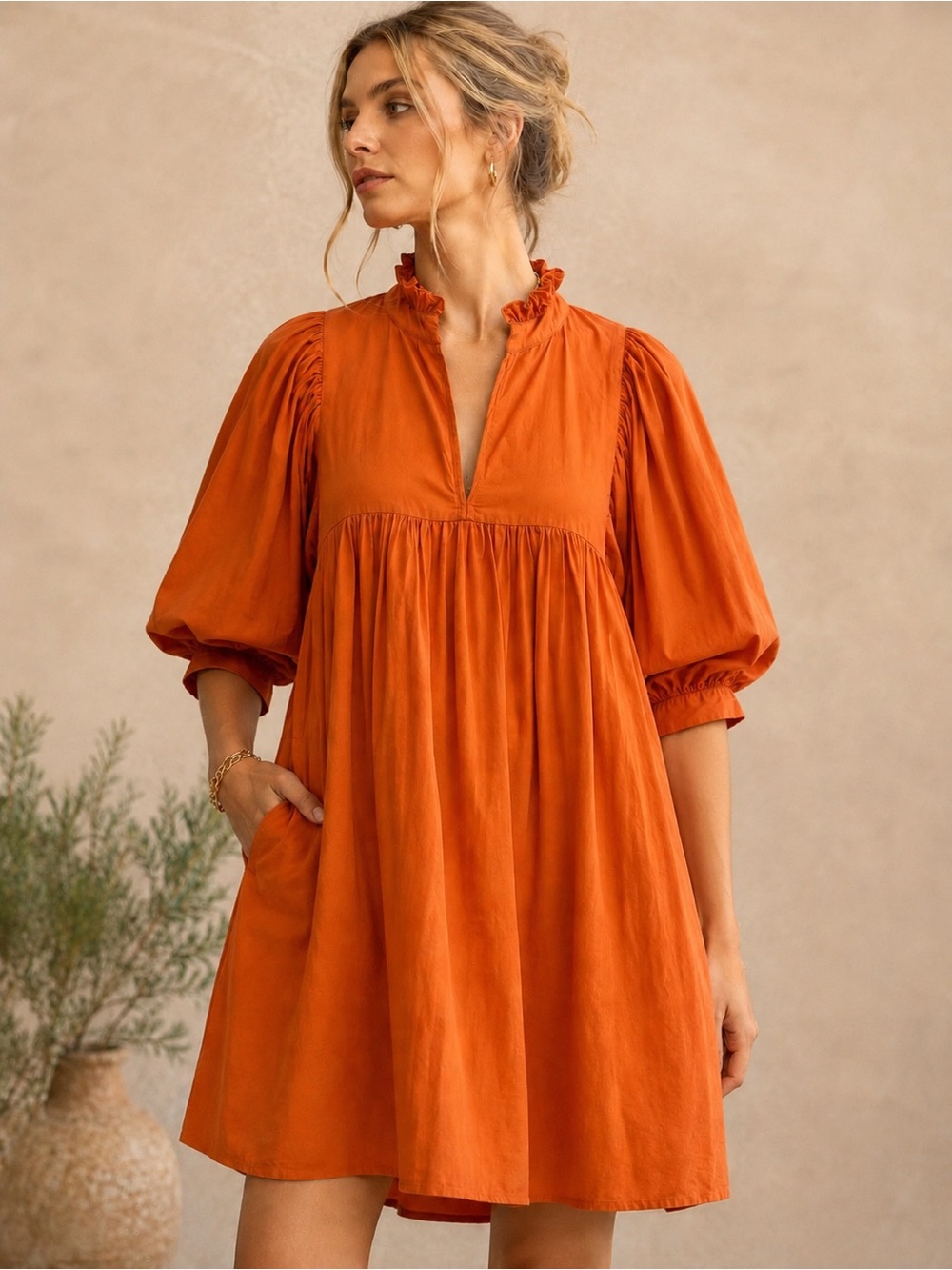 Never A Wallflower High Neck Puff Sleeve Mini Dress Burnt Orange Size Medium